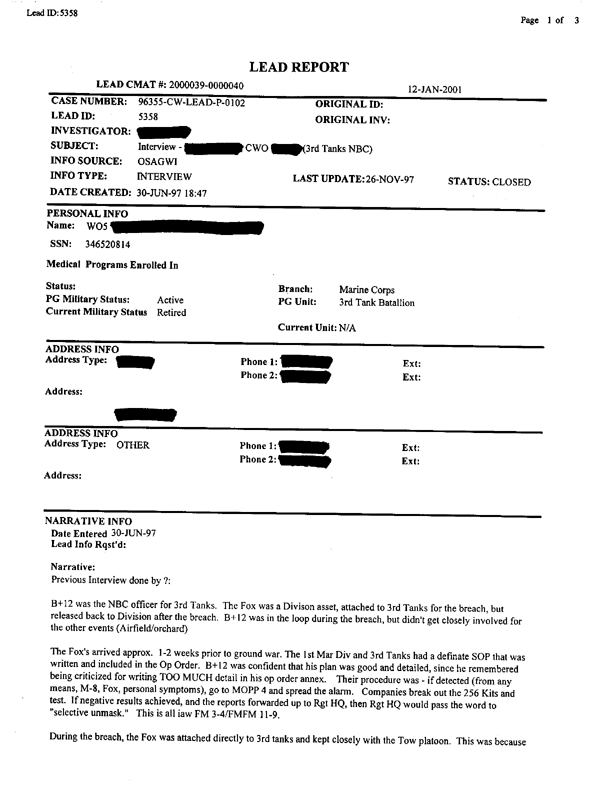 Lead Sheet 5358, Interview with the 3d Tank Battalion NBC officer, June 30, 1997