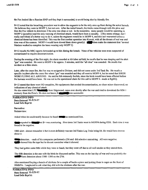 Lead Sheet 5358, Interview with the 3d Tank Battalion NBC officer, 30 June 1997