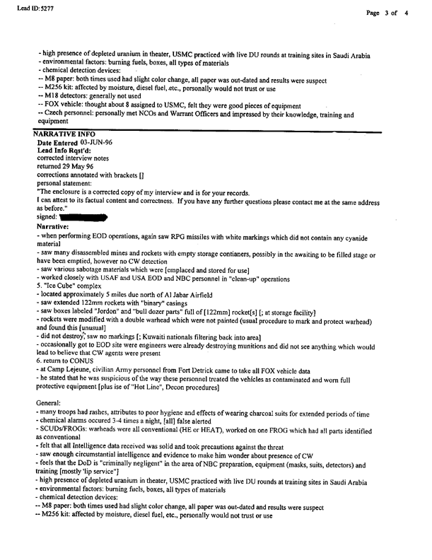 Lead Sheet 5277, Interview with OIC 1st Platoon, 2 FSSG EOD, 16 May 1996 and 17 June 1997