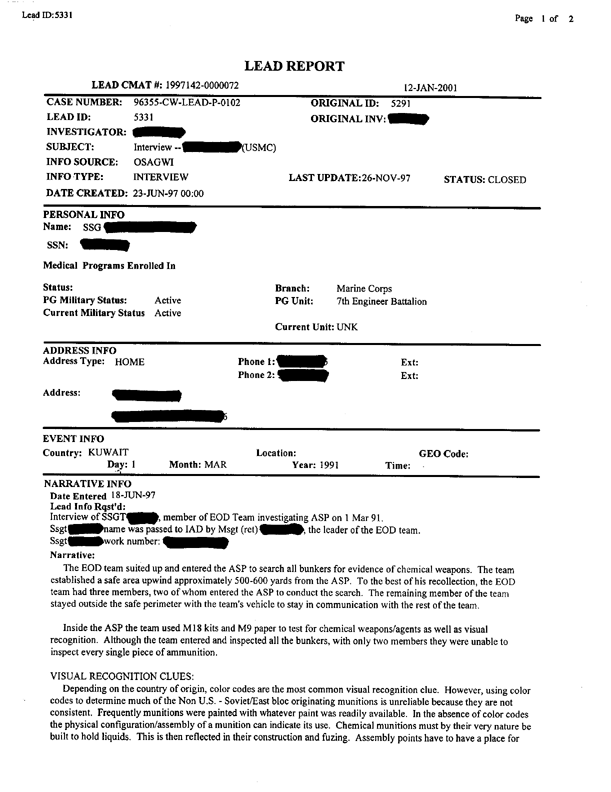 Lead Sheet 5331, Interview with member of 1st Platoon EOD, 24 June 1997