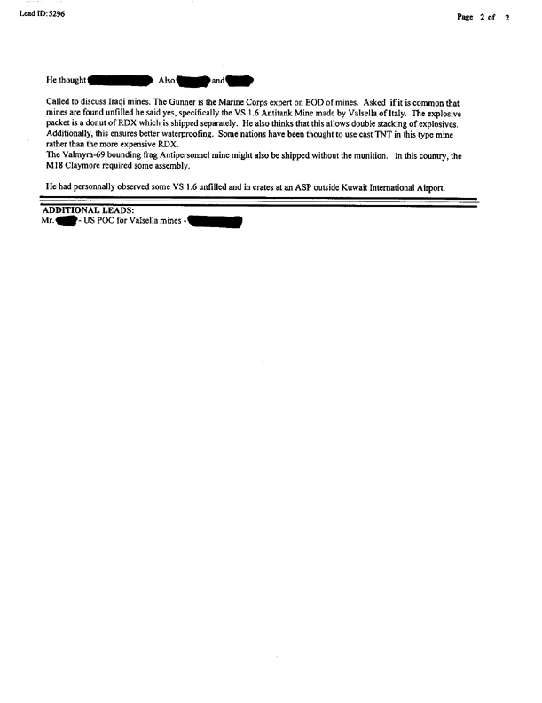 Lead Sheet 5296, Interview with member of 1st Platoon EOD, 17 June 1997