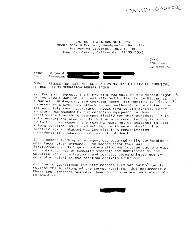 Memorandum from the Fox Driver, Subject: Request of information concerning possibility of chemical attack during Operation Desert Storm, September 22, 1993.