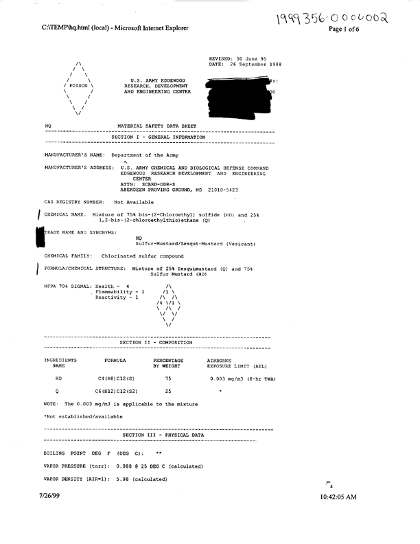 US Army Material Safety Data Sheet on HQ Mustard, Aberdeen Proving Ground, MD, June 30, 1995.