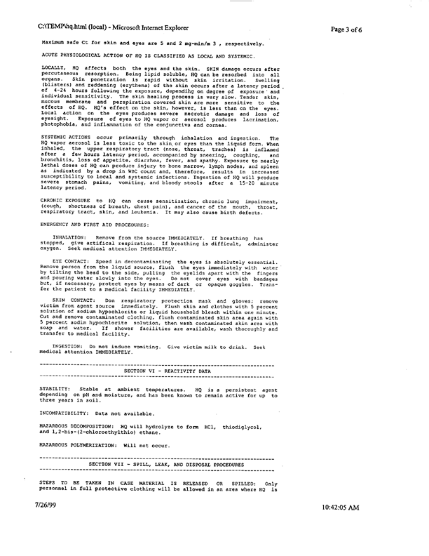 US Army Material Safety Data Sheet on HQ Mustard, Aberdeen Proving Ground, MD, June 30, 1995.