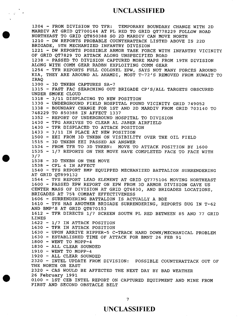 7th Marine Regiment, "Breaching Operations Log (24 Feb 91)," March 2, 1991.