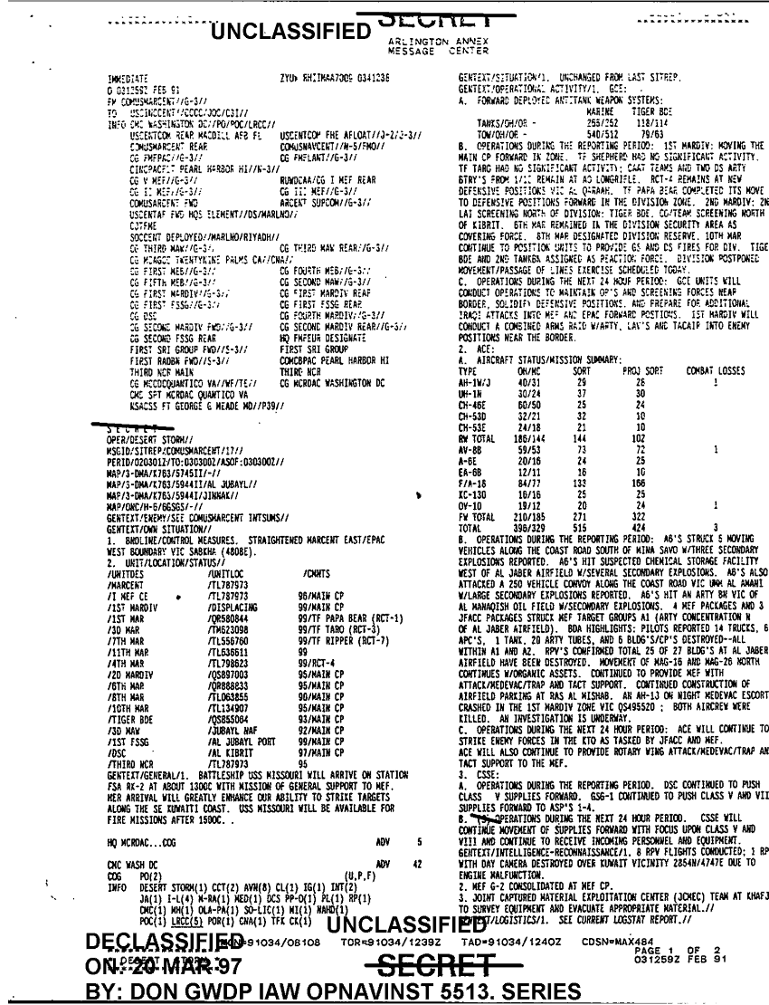 US Marine Corps Central Command, Message 0313592 Feb 1991, p. 1. 