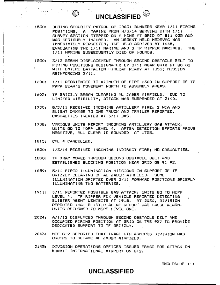 11th Marine Regiment, "Command Chronology for 1 January to 28 February 1991," March 13, 1991.