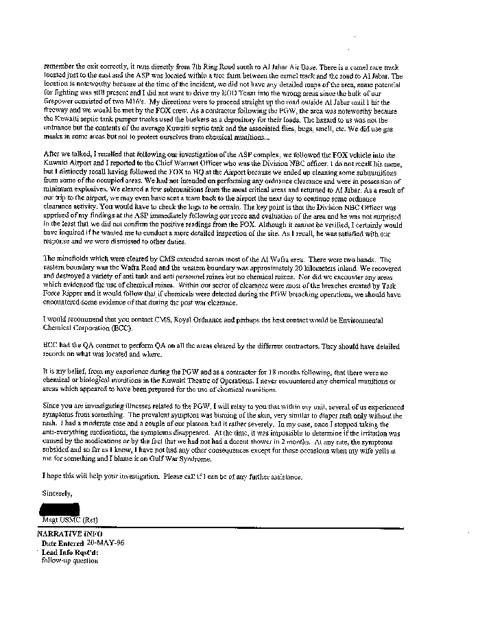 Lead Sheet #5293, Interview of team leader, 1st Force Service Support Group Explosive Ordnance Disposal Platoon, 7th Engineer Support Battalion, May 17, 1996, p. 1.