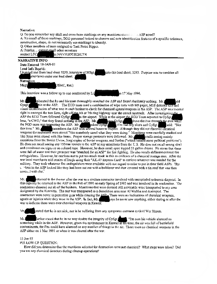 Lead Sheet #5293, Interview of team leader, 1st Force Service Support Group Explosive Ordnance Disposal Platoon, 7th Engineer Support Battalion, May 17, 1996, p. 1, 2.
