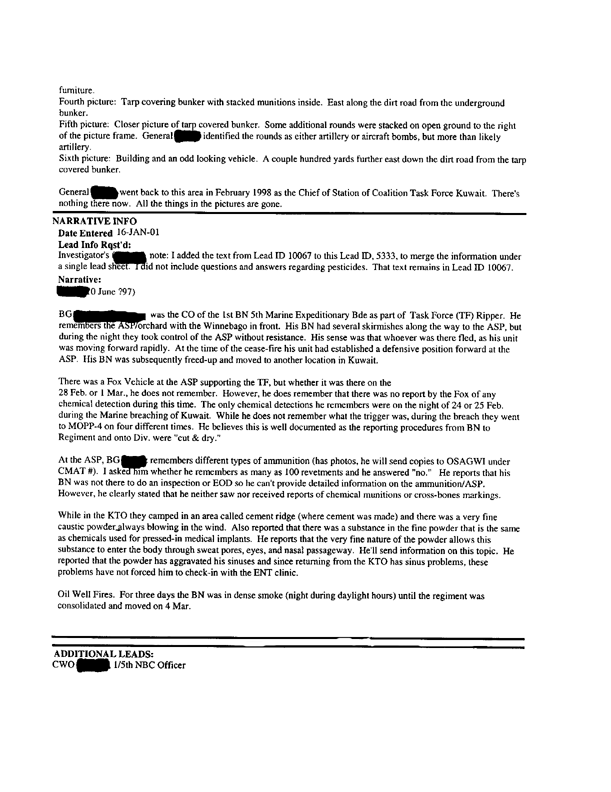 Lead Sheet #5333, Interviews of commanding officer, 1st Battalion, 5th Marine Regiment, June 10 and 24, 1997, and March 29, 2000, p. 2.
