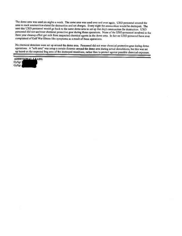 Lead Sheet #5259, Interview of team leader, 1st Force Service Support Group Explosive Ordnance Disposal Platoon, 7th Engineer Support Battalion, June 11, 1997, p. 1, 2.