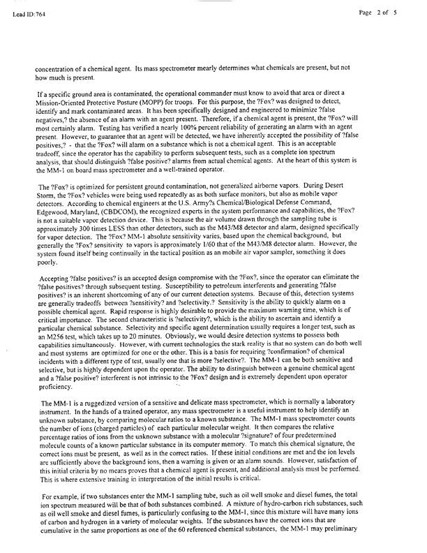 Lead Sheet #764, Interview of Fox expert, Chemical and Biological Defense Command, May 28, 1996, p. 2. 