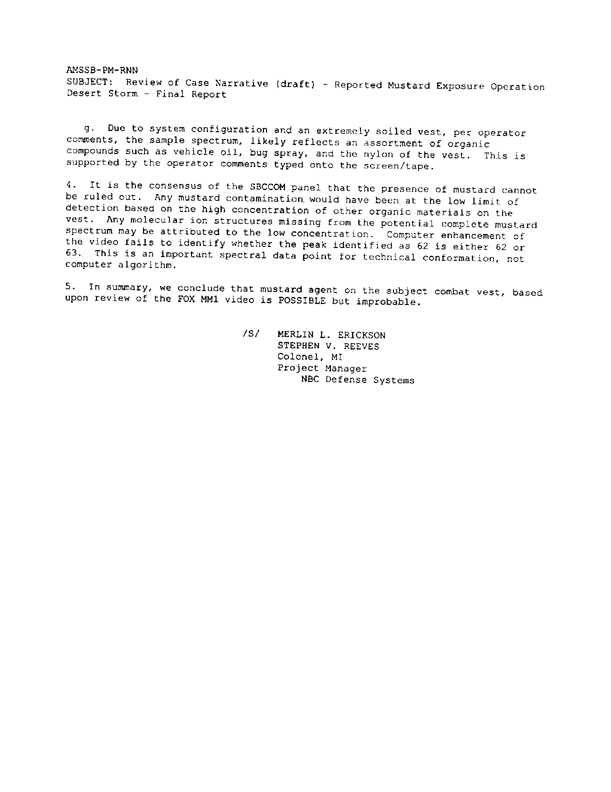 Memorandum from US Army Office of the Project Manager for NBC Defense Systems, Subject: �Review of Case Narrative (draft) � Reported Mustard Exposure Operation Desert Storm � Final Report,� May 23, 2000.