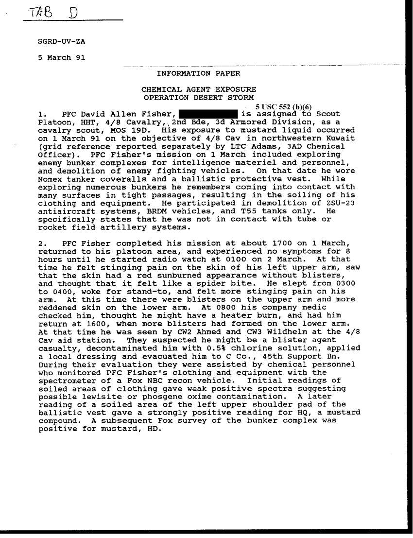 Memoradnum for Record, Subject: Analysis/Evaluation of Clothing and Gauze Samples, US Army Chemical Research, Development and Engineering Center, March 1991
