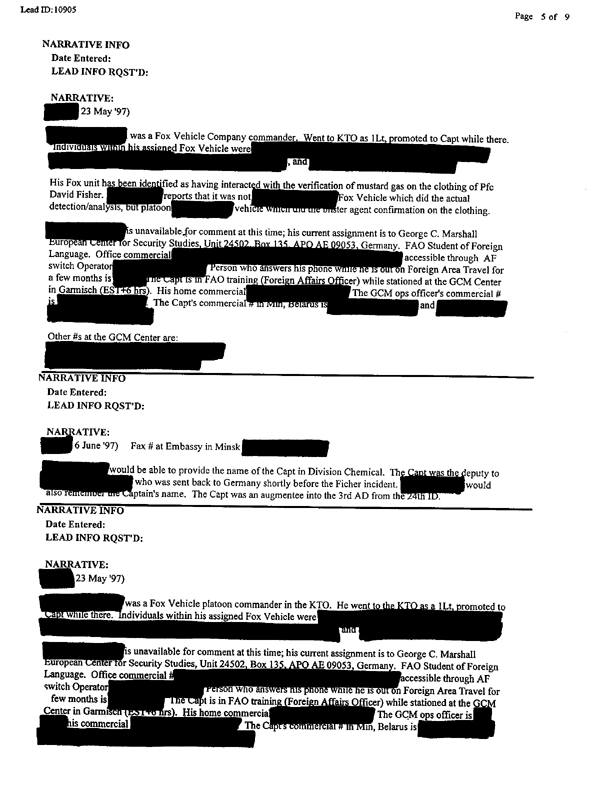 Lead Sheet 10905, Interview of Fox vehicle company commander, 22nd Chemical Company, June 6, 1997