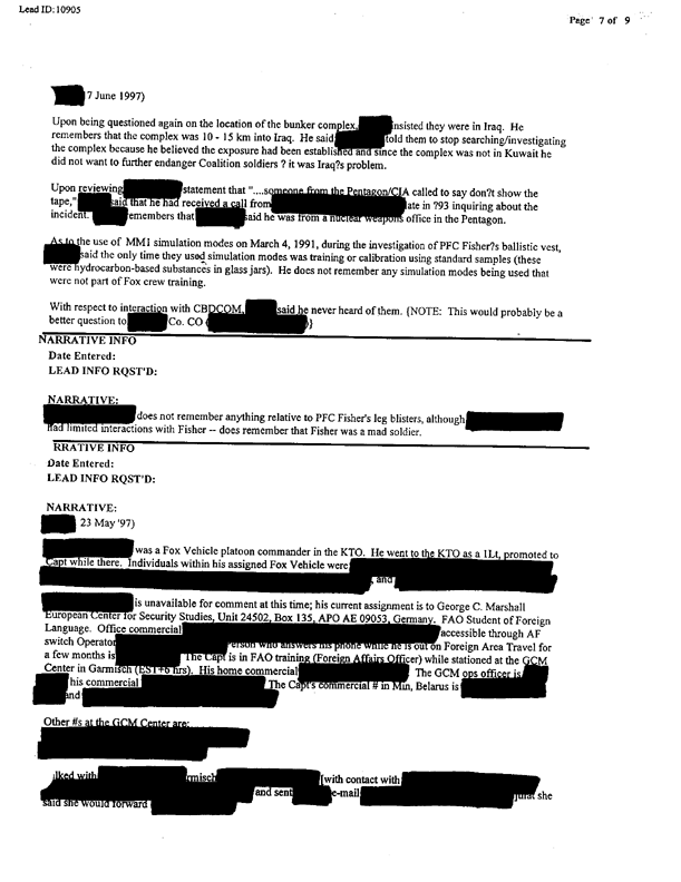 Lead Sheet 10905, Interview of Fox vehicle company commander, 22nd Chemical Company, June 6, 1997