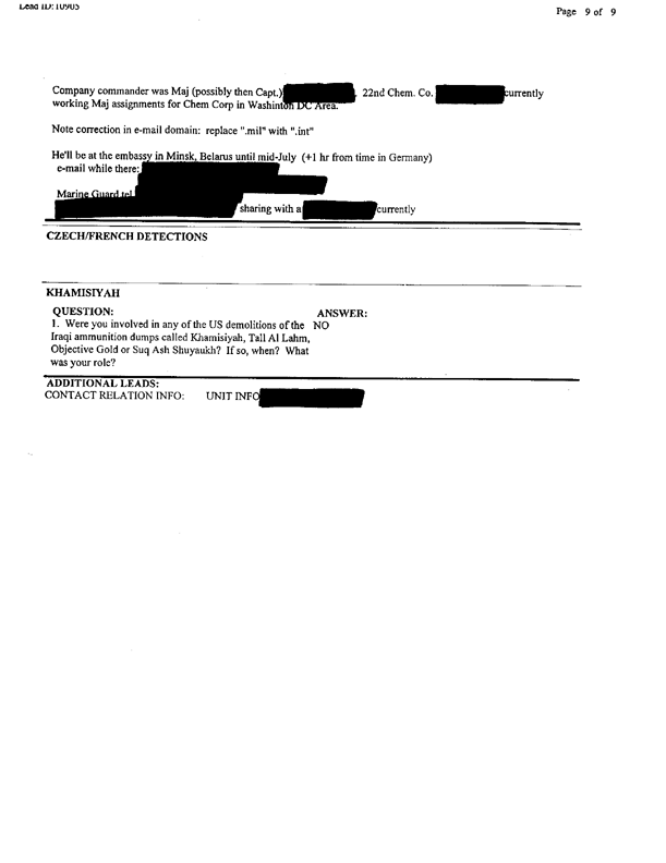 Lead Sheet 10905, Interview of Fox vehicle company commander, 22nd Chemical Company, June 6, 1997