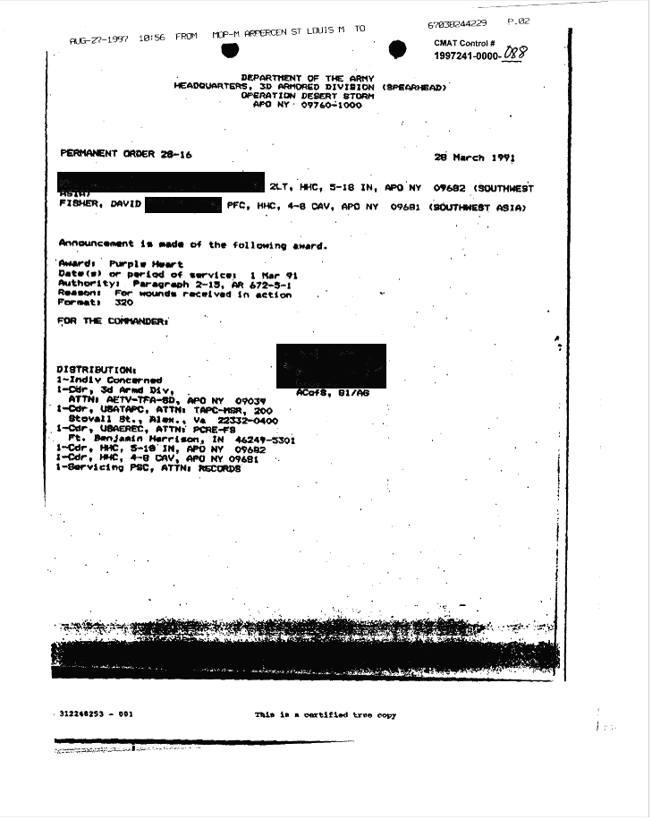 Department of the Army, Headquarters, 3rd Armored Division (Spearhead), Operation Desert Storm, APO NY 09760-1000, Permanent Order 28-16, March 28, 1991. 