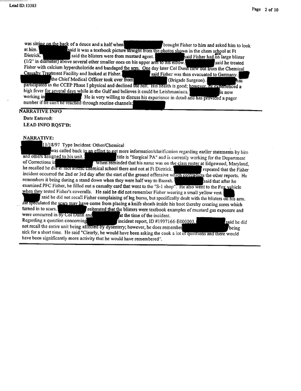 Lead Sheet 13383, Interview of surgical physician's assistant, 4-8th Cavalry, 3rd Armored Division, May 21, 1998