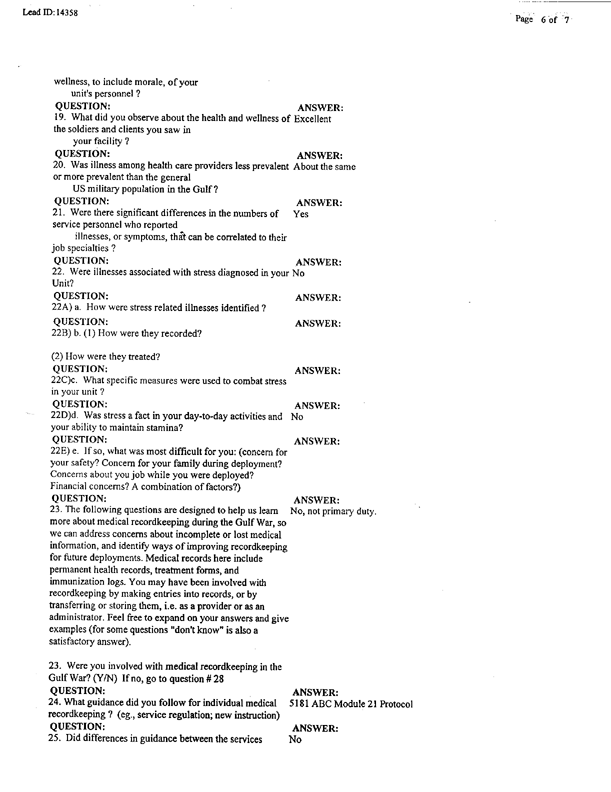 Lead Sheet 14358, Interview of physician's assistant, 4-8th Cavalry, 3rd Armored Division, February 5, 1998