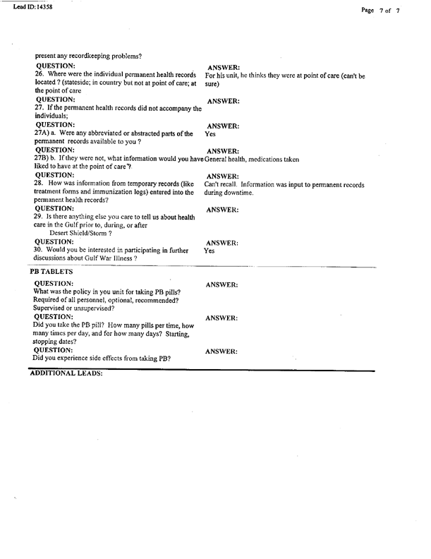 Lead Sheet 14358, Interview of physician's assistant, 4-8th Cavalry, 3rd Armored Division, February 5, 1998