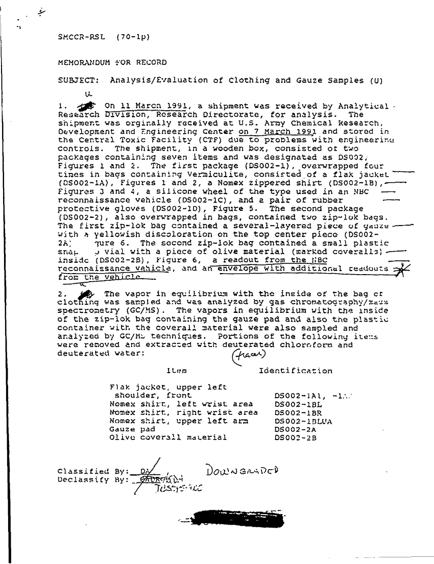Memoradnum for Record, Subject: Analysis/Evaluation of Clothing and Gauze Samples, US Army Chemical Research, Development and Engineering Center, March 1991