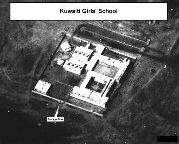 Figure 6. National Imagery and Mapping Agency, U2 reconnaissance photograph of the Kuwaiti Girls' School, March 1, 1991. The obstructed view is due to oil well fire smoke over the area.