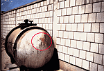 Photographs of the storage tank at the Kuwaiti Girls' School taken by the safety officer in August 1991.  Encircled areas show the movement of the fumes out of one of the bullet holes. (Photographs used by permission.)