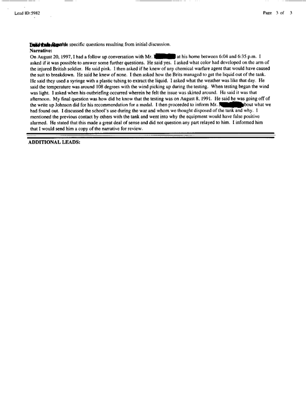  Lead sheet 5982, Interview with US soldier from 54th Chemical Troop supporting the Fox testing, August 15, 1997
