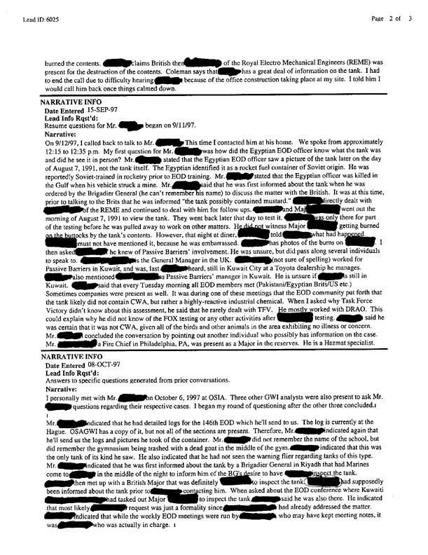 Lead sheet 6025, Interview with commander of the 146th Explosive Ordnance Disposal Detachment, September 15, 1997