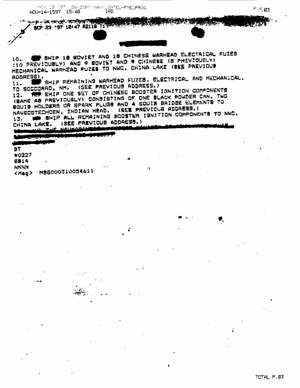 US Navy, Message, Subject: �Distribution of Explosive Components from Desert Storm Captive Hardware,� 291338Z October 1991