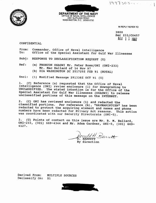 US Navy, Message, Subject: �Distribution of Explosive Components from Desert Storm Captive Hardware,� 291338Z October 1991