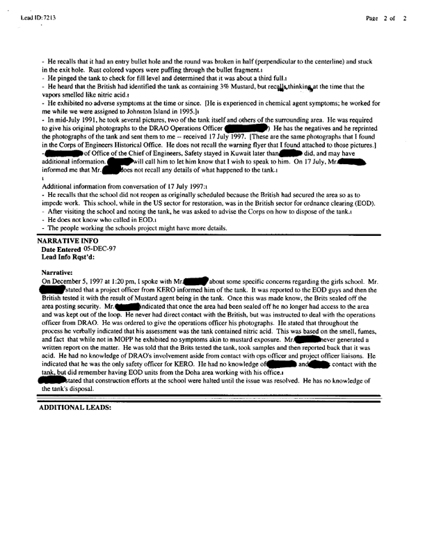 Lead sheet 7213, Interview with safety officer, US Army Corps of Engineers, July 10, 1997