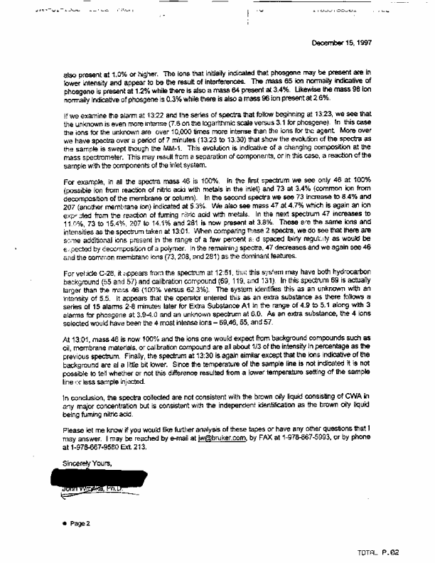 Letter from Bruker Daltonics, Subject: �Analysis of Fox Tapes,� December 15, 1997