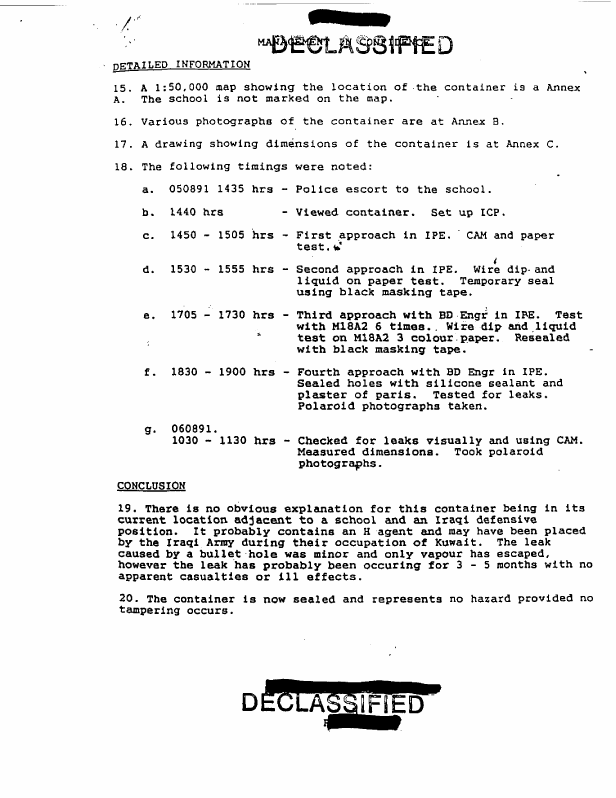 Initial Report from commanding officer, 21st EOD Squadron, Subject: �Suspected Chemical Container,� August 7, 1991