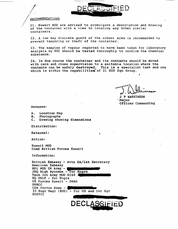 Initial Report from commanding officer, 21st EOD Squadron, Subject: �Suspected Chemical Container,� August 7, 1991