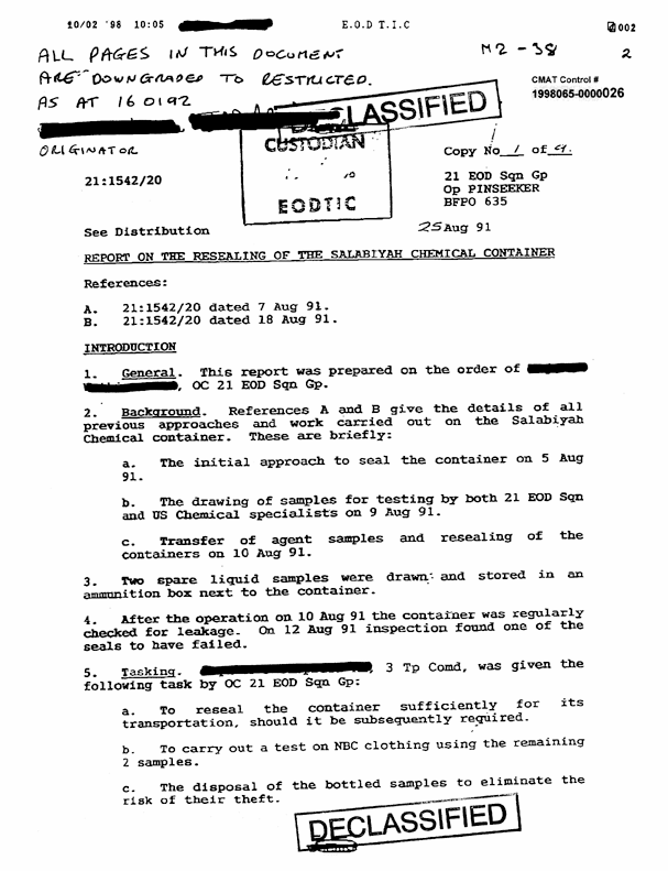 Report from 21st EOD Squadron Group, Subject: �Report on the Resealing of the Salabiyah Chemical Container,� August 25, 1991