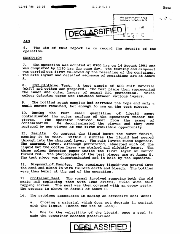 Report from 21st EOD Squadron Group, Subject:�Report on the Resealing of the Salabiyah Chemical Container,� August 25, 1991