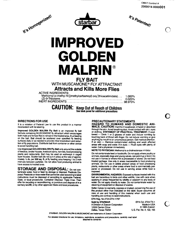   Zoecon Corporation, �Improved Golden Malrin� Fly Bait,� product insert, Dallas, Texas, 1984.