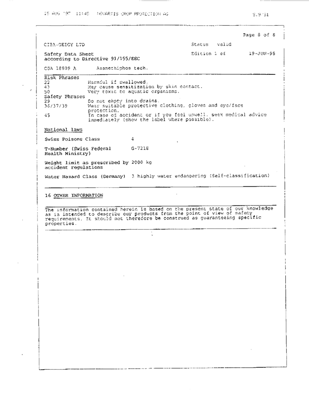   Ciba-Geigy Ltd., �Safety Data Sheet: Azamethiphos Technical,� Basel, Switzerland, June 19, 1995.