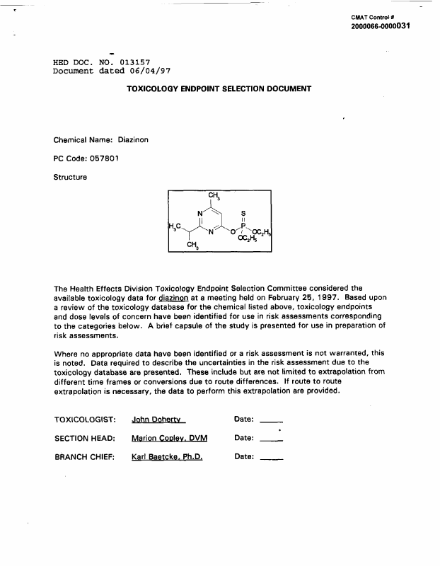 US Department of Health and Human Services, Agency for Toxic Substances and Disease Registry, �Toxicological Profile of Diazinon,� 1998, p. 106.