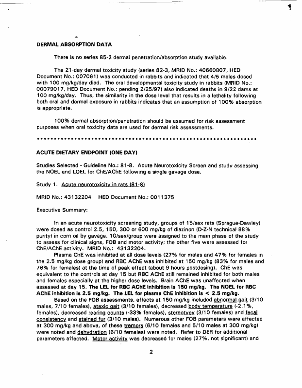 US Environmental Protection Agency, Office of Pesticide Programs, Health Effects Division, Toxicology Endpoint Selection Document for Diazinon, doc. no. 013157), June 4, 1997, p. 4.