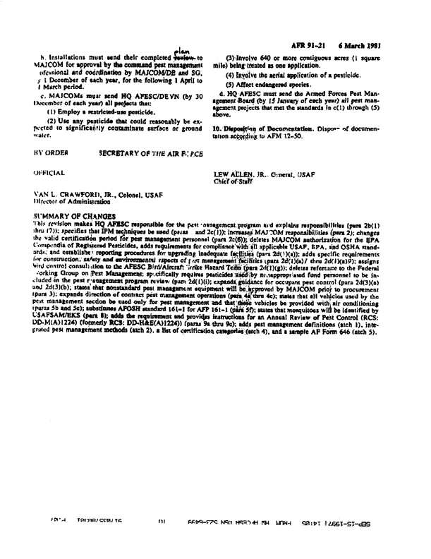   US Air Force, Regulation 91-21, �Pest Management Program,� March 6, 1981, p. 4.