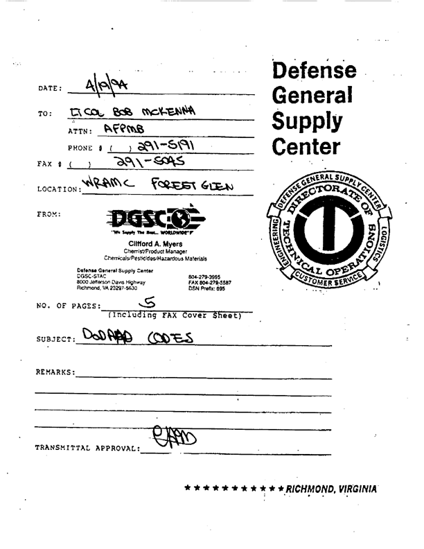   Defense Logistics Agency, �ODS Pesticide Data Call,� Defense General Supply Center, November 1993.