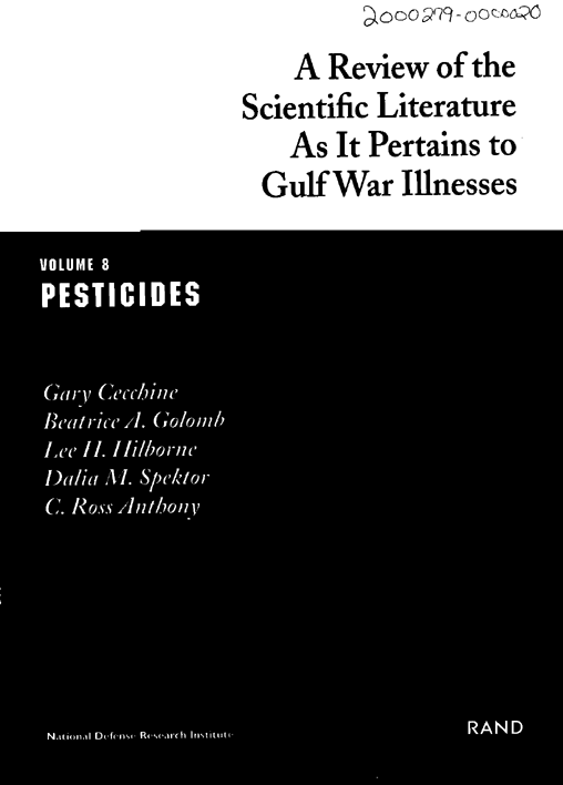Cecchine, Gary, Beatrice A. Golomb, Lee H. Hilborne, Dalia M. Spektor, and C. Ross Anthony, A Review of the Scientific Literature as it Pertains to Gulf War Illnesses, Voume 8:Pesticides, Santa Monica, CA: RAND, 2000, p. 61.