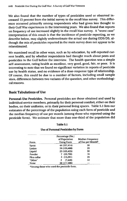 Fricker, R.D. Jr., et al., �Pesticide Use During the Gulf War: A Survey of Gulf War Veterans,� RAND, 2000, p. xvii -xxvi.