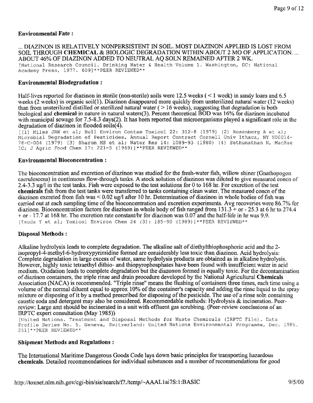 National Library of Medicine/National Institutes of Health (September 24, 2002), TOXNET Summary of Diazinon (CASRN 333�41�5), p. 4.