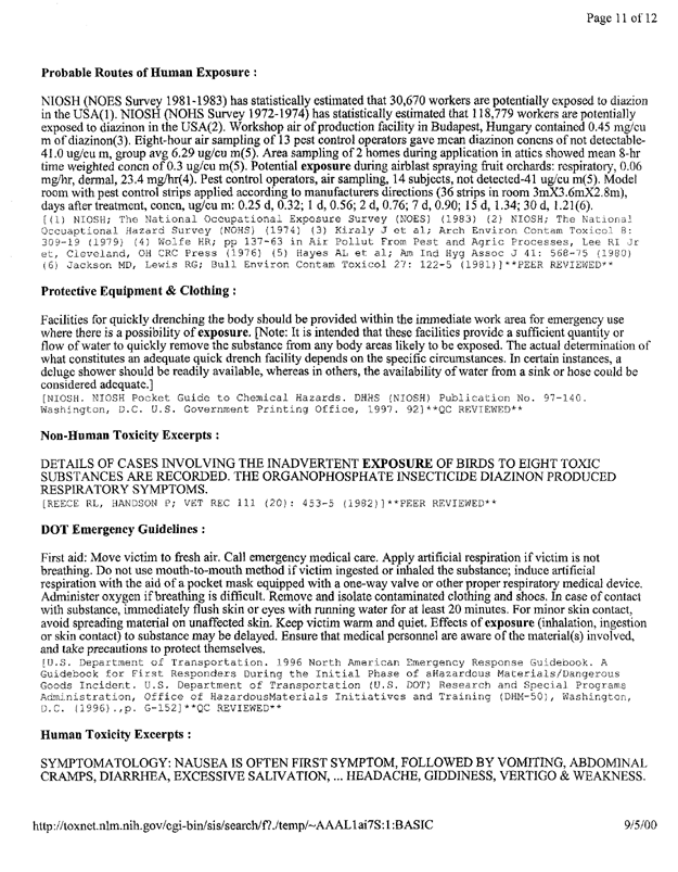National Library of Medicine/National Institutes of Health (September 24, 2002), TOXNET Summary of Diazinon (CASRN 333�41�5), p. 4.