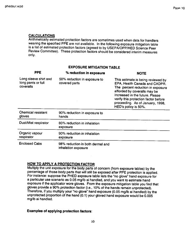   US Environmental Protection Agency, EPA Office of Pesticide Programs, �PHED Surrogate Exposure Guide,�  August 1998, p. 10.  Chemical resistant gloves provide a 90% reduction in exposure to hands.