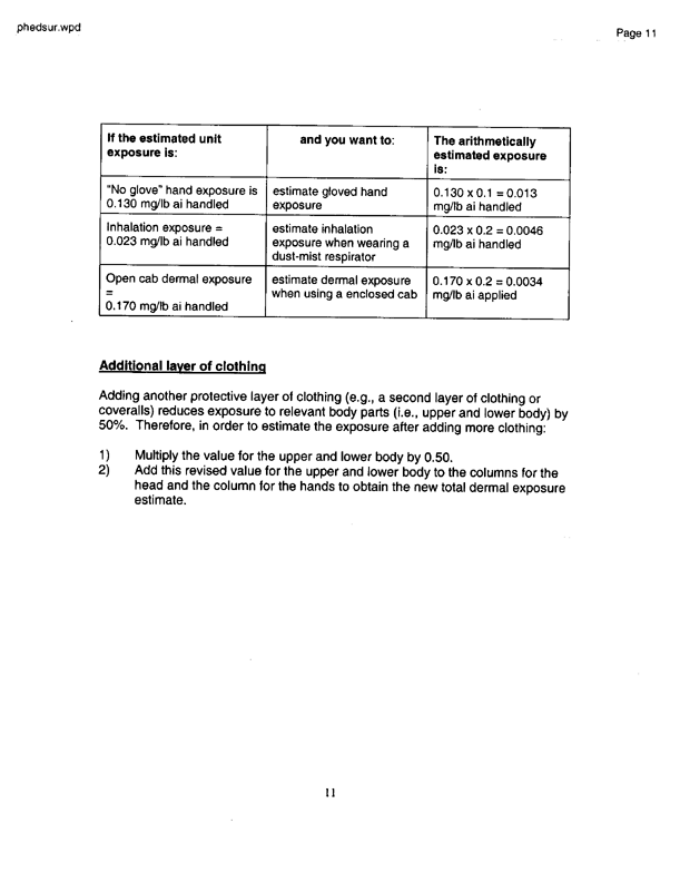   US Environmental Protection Agency, EPA Office of Pesticide Programs, �PHED Surrogate Exposure Guide,� August 1998.